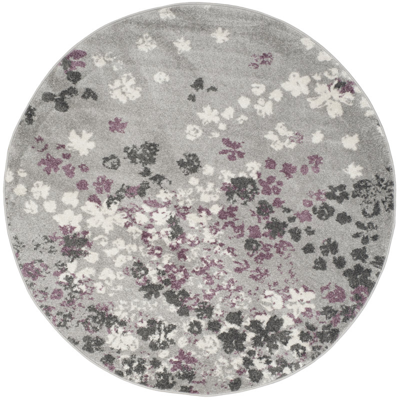 Makeba Floral Gray/Purple Area Rug, Round 4'