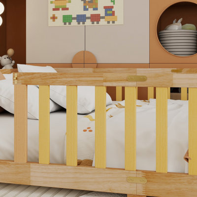 Full Size Floor Bed with Fence and Door,Rubber Wood Floor Bed with Safety Guardrails,Natural (Old Sku W504P286380)