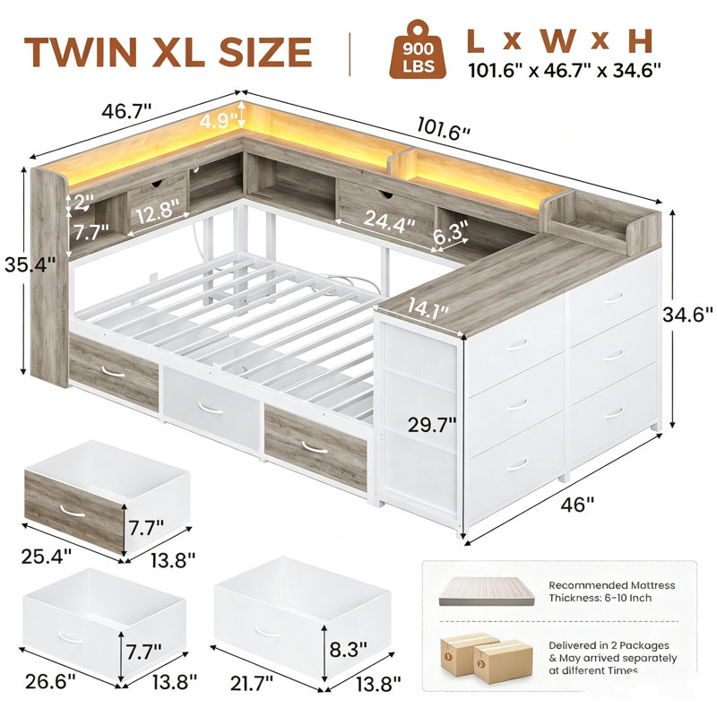 Lit de jour double XL, lit d'angle plateforme en métal avec rangement bibliothèque, tête de lit escamotable, 9 tiroirs, éclairage DEL et station de recharge