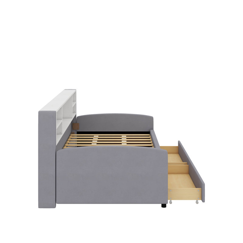 Lit plateforme simple tapissier avec tiroirs, Gris