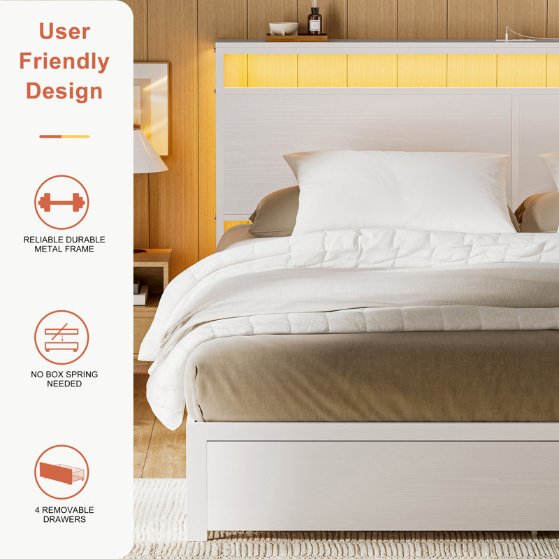 Antioch Bed Frame with 4 Drawers, Modern bed with LED Light and Charging Station, Storage Headboard, No Spring Box Needed