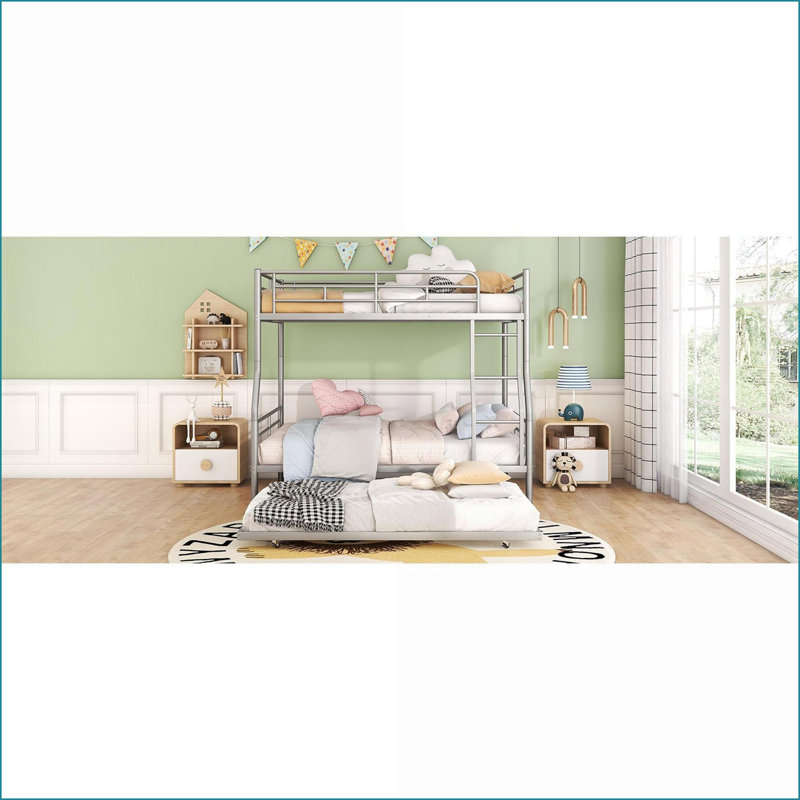 Lit superposé double au-dessus de grand lit double avec lit gigogne - Argent, peu encombrant pour les chambres partagées