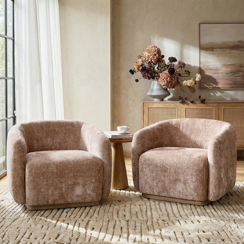 Ensemble de 2 fauteuils pivotants modernes en chenille avec base en bois massif Berklie, Sable