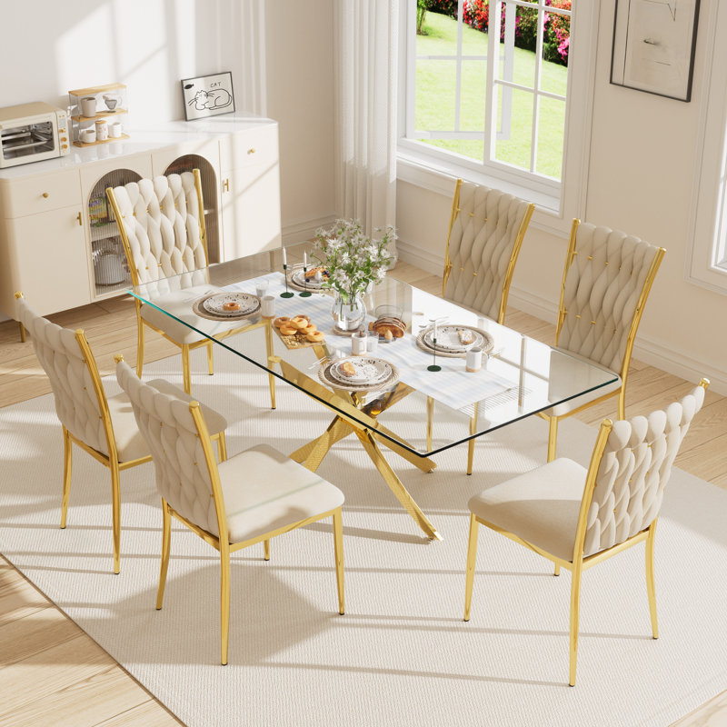 Ensemble de table rectangulaire 63 "en verre trempé 63", Beige/or, 7
