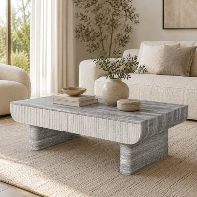Caston 46.9" Mid-Century Modern Rectangular Coffee Table with Textured Faux Marble Top, Two Fluted Drawers & Sculptural Legs