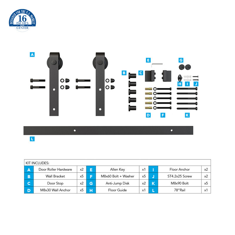 Espresso Solid Steel Sliding Barn Door Hardware Kit with Routed Floor Guide