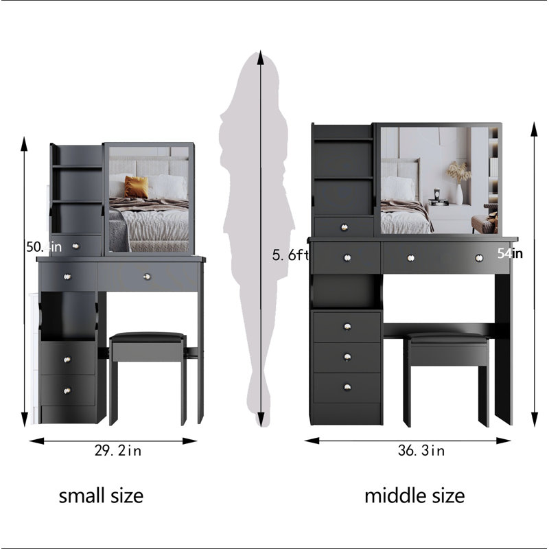 29.2" Small Size Left Drawer Desktop Vanity Table + Cushioned Stool, Extra Large Right Sliding Mirror, Multi Layer High Capacity Storage, Practical Fashionable Dresser, Suitable For Small Space