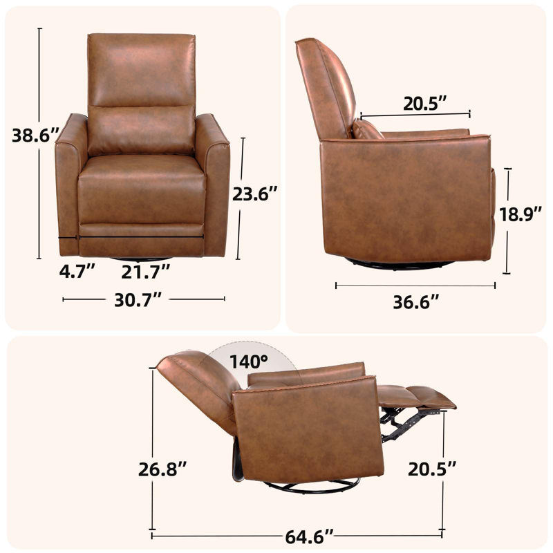 360° Swivel Rocking Recliner Chair, Glider Rocking Chair, Upholstered Faux Leather Reclining, Brown