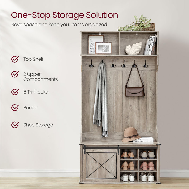 Hall Tree 41.7'' Wide With Bench And Shoe Storage, Rustic Gray