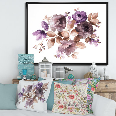 Fleurs mauves rétro avec feuilles brunes - Peinture sur toile