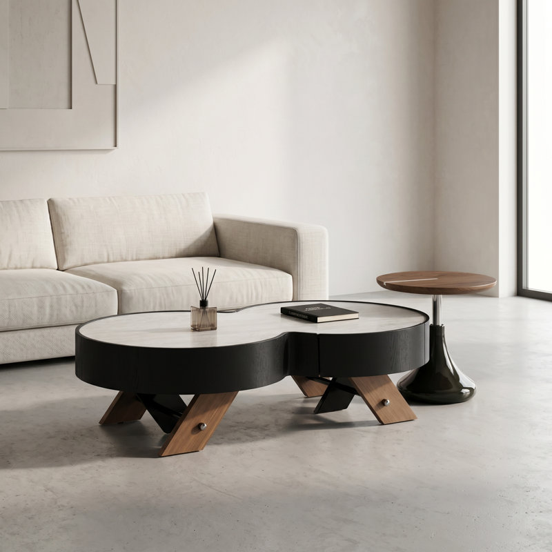 Modern Gourd-Shaped 2-Piece Coffee Table Set, Figure-8 Sintered Stone Nesting Coffee Table with Solid Wood X-Legs, Height Adjustable Round Side Table for Living Room, Japandi Style
