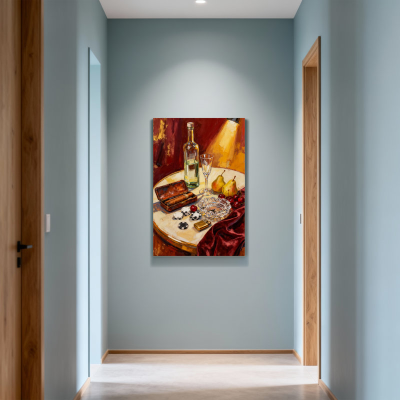 Mode nature morte avec bouteille et fruits, H 24 po x l 16 po