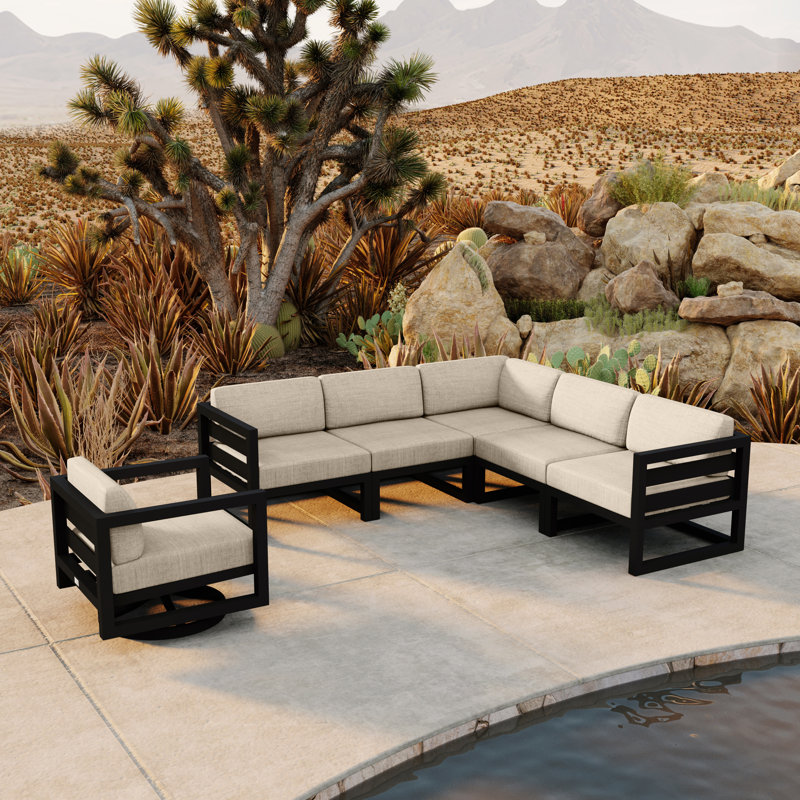 Avion 6 Piece Sectional Set With Swivel, Black, Canvas Flax Sunbrella® Canvas