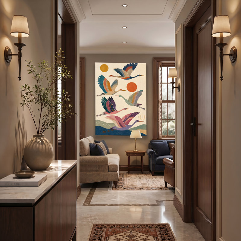 Toile colorée grue volante soleil montagne, art mural Mid Century Modern Home Decor, 20x30in