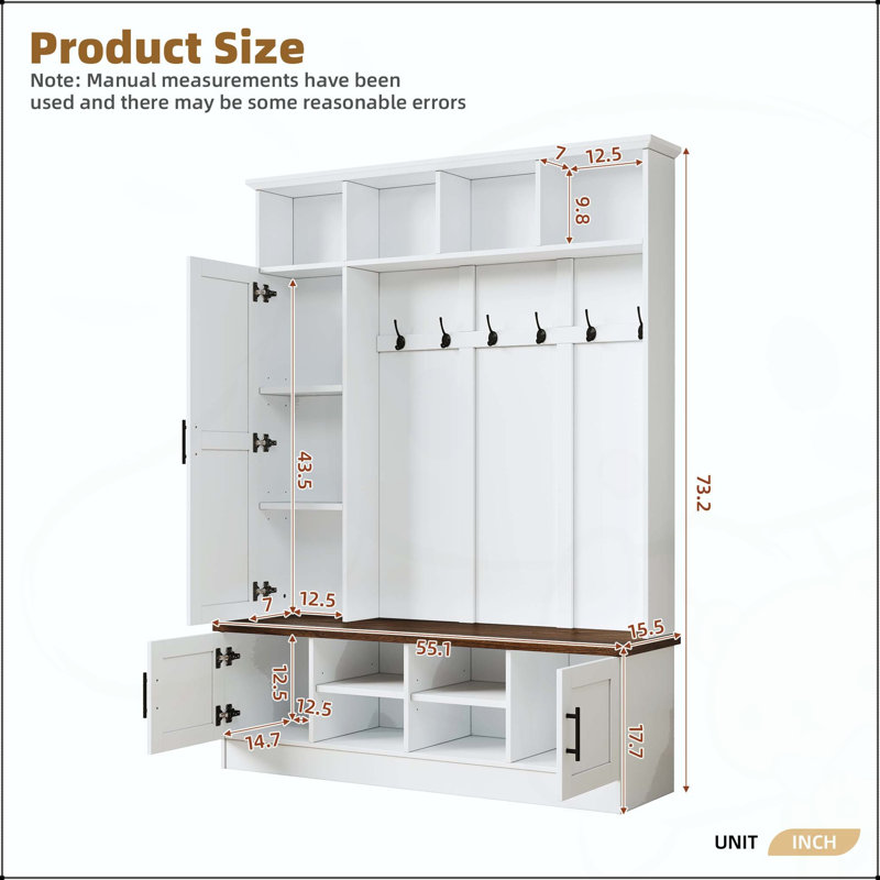 3-in-1 Farmhouse Hall Tree with Adjustable Shelves and 6 Hooks, White/Deep Walnut