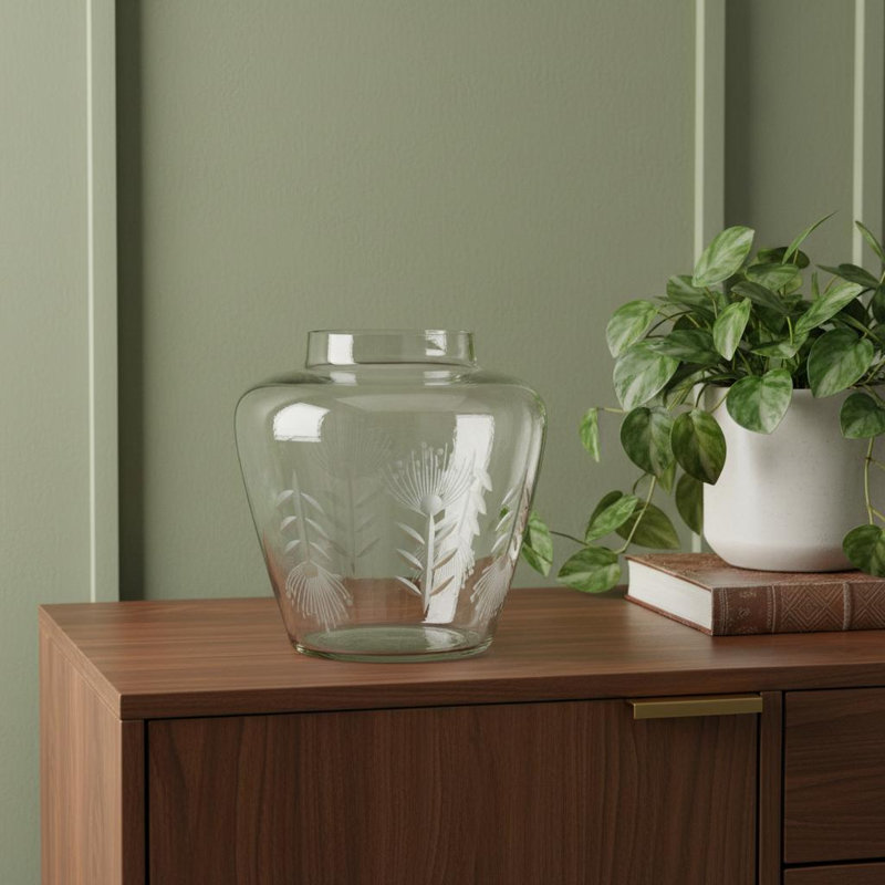 Etched Soda Lime Glass Urn Vase 6.5"D