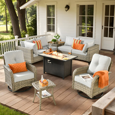 Tommy Outdoor Wicker 6 Person Seating Group With Cushions With Rocking And Swivel Chairs