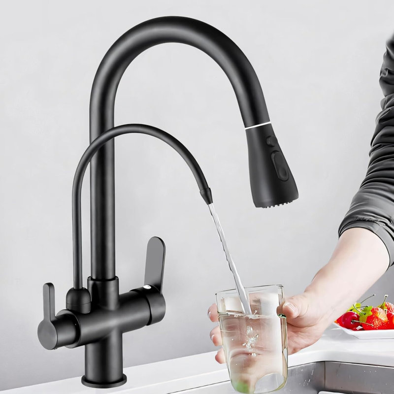 Robinet de cuisine Mosson noir mat à double sortie avec douchette pause et robinet d'eau filtrée séparé