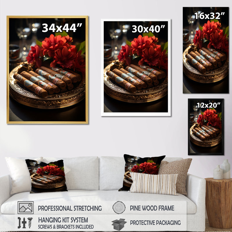 Cuba Cigar Expression II, reproduction d'art sur toile, Cadre flottant doré, H 44 po x l 34 po x P 1,5 po
