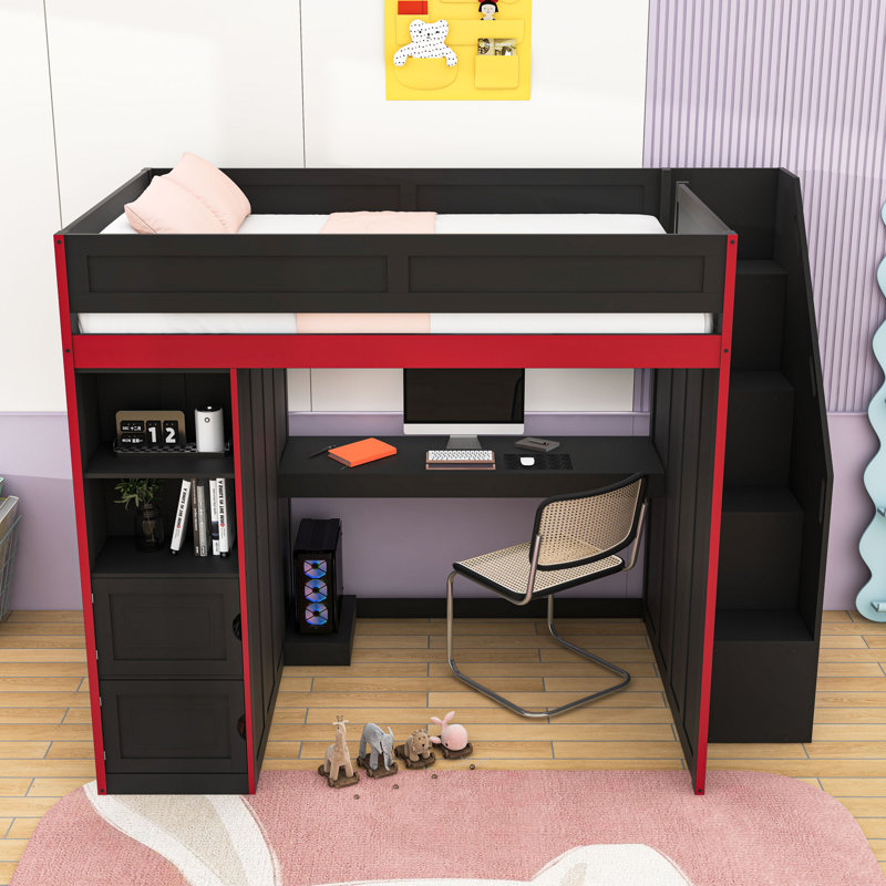 Lit mezzanine en bois avec bureau et lumières DEL, Lit double