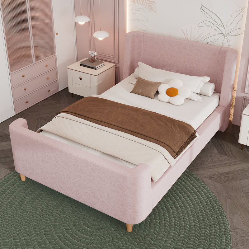 3FT Velvet Upholstered Bed, Pink