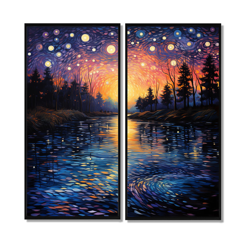 Vangogh Twilight Reflections Pointillism - jaune, impressions sur toile traditionnelles, H 20 po x l 24 po, Noir