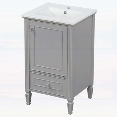 Meuble-lavabo autoportant avec lavabo en céramique, pieds en bois et rangement à fermeture en douceur