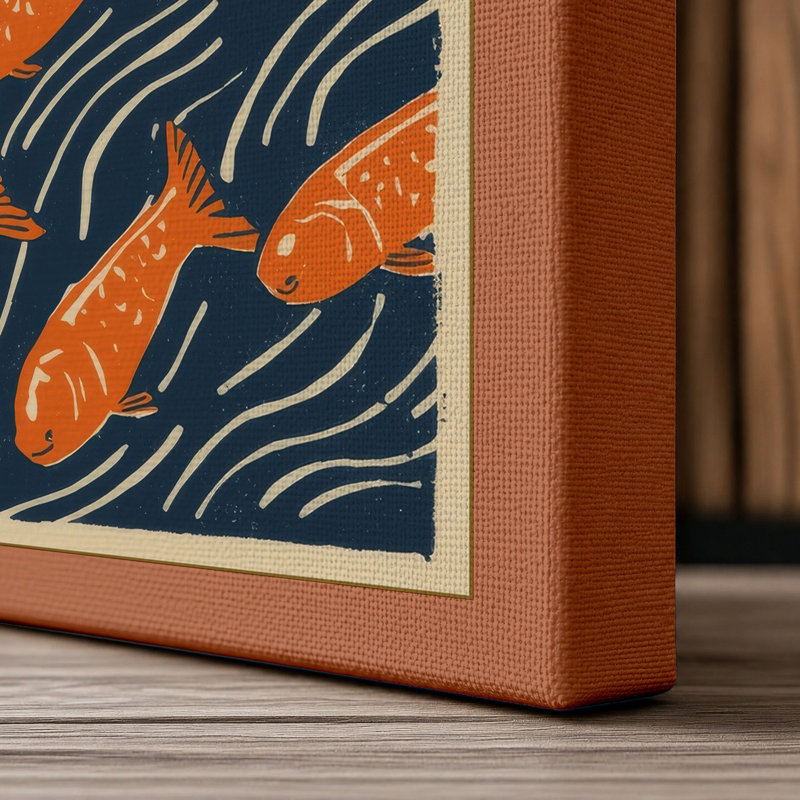Swimming Fish Pattern Coastal - Wrapped Canvas, 18x12 - 45.7 x 30.5 cm, Terracotta Border