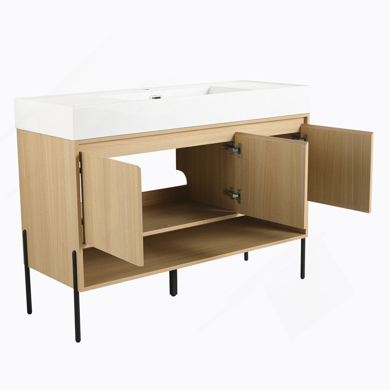 Ensemble de meuble-lavabo 48 po avec lavabo simple en résine, ensemble d'armoires de rangement modernes 3 portes, bois massif multicouche, chêne
