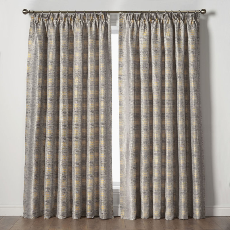 Auberon Reflective Pencil Pleat Room Darkening Curtains, Width 229 x Drop 274cm, Ochre