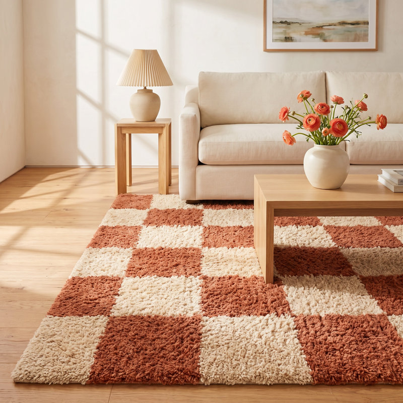 Anemone Checkered Wool Shag Rug, Rectangle 8' x 10'