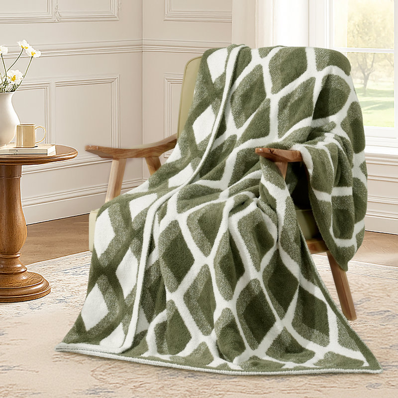 Reversible Checkered Throw Blanket, Green Geometric