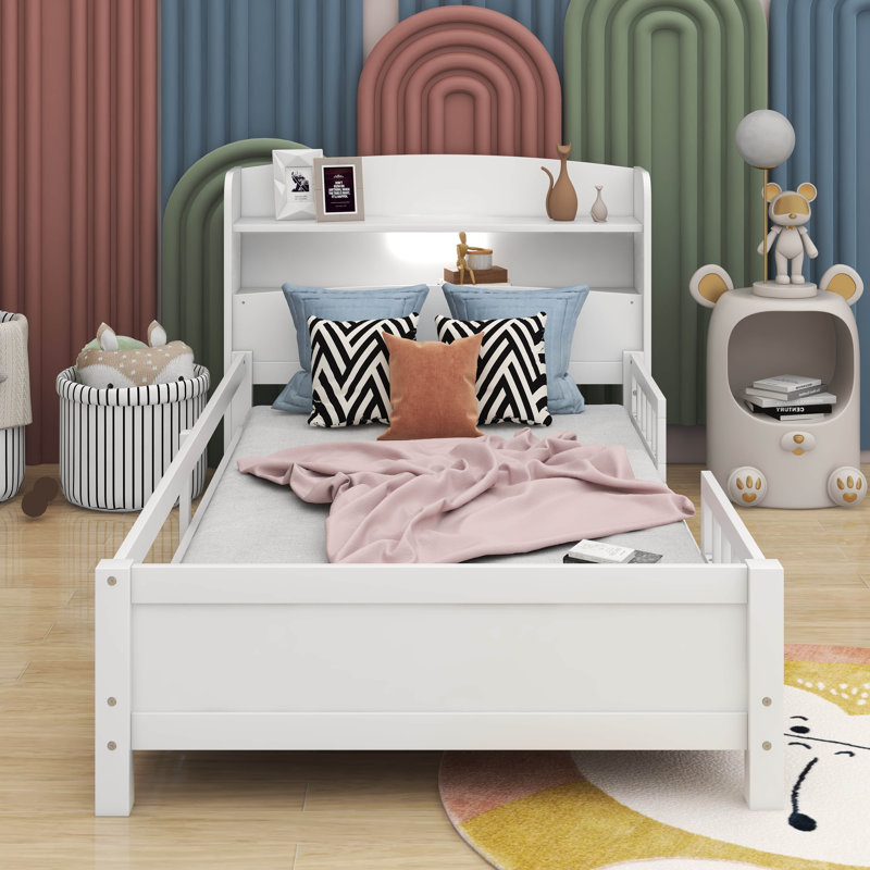 Lit plateforme simple avec DEL, tête de lit avec rangement et garde-corps, Blanc