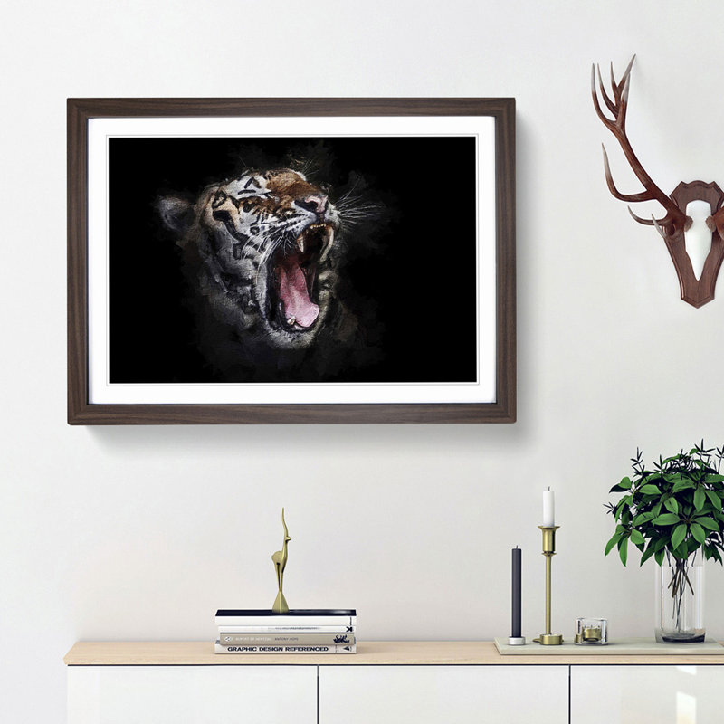 A Yawning Tiger - Framed Print, Walnut Framed, 24cm H x 33cm W x 2cm D