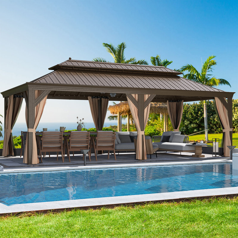 22 Ft. W x 12 Ft. D Hardtop Gazebo, Galvanized Steel Double Roof with Aluminum Frame, Outdoor Gazebo with Curtains and Nettings for Patio, Backyard and Deck