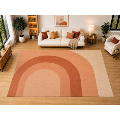 Tapis Sunrise rétro incurvé « ultra léger » de 201 x 300 cm (6'7" x 9'10") pour salon, chambre, salle à manger, doux, à poils courts et antidérapant, couleur pêche terracotta
