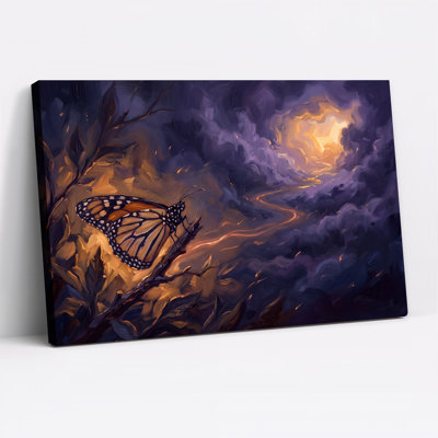 Art mural monarque sur une branche avec des nuages tourbillonnants