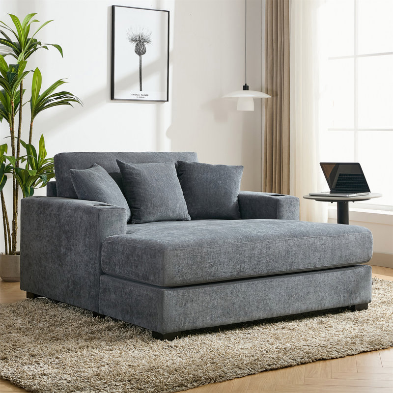 Très grand canapé-lit de style moderne de 55 po avec coussins, station de charge et porte-gobelets, tissu chenille, bleu gris
