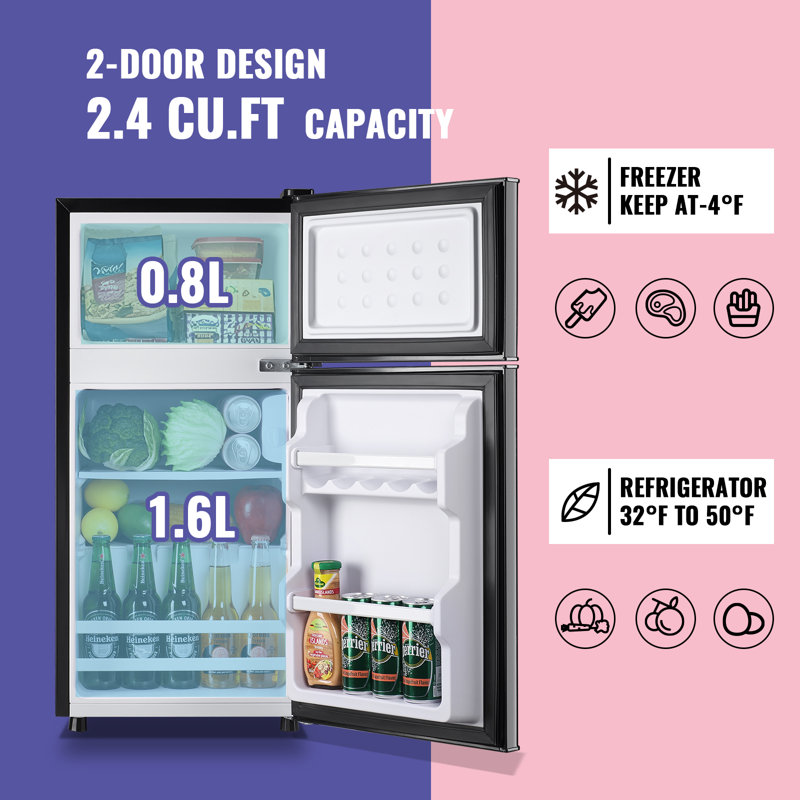 Compact Black Double Door Mini Fridge with Freezer