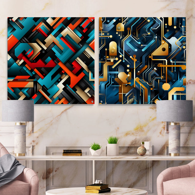 Cortlan - Ensemble de 2 verres muraux abstraits géométriques en acrylique, H 16 po x l 33 po