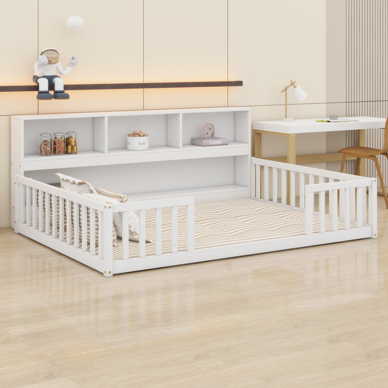 Floor Bed with Convenient Shelves and Protective Guardrails, White