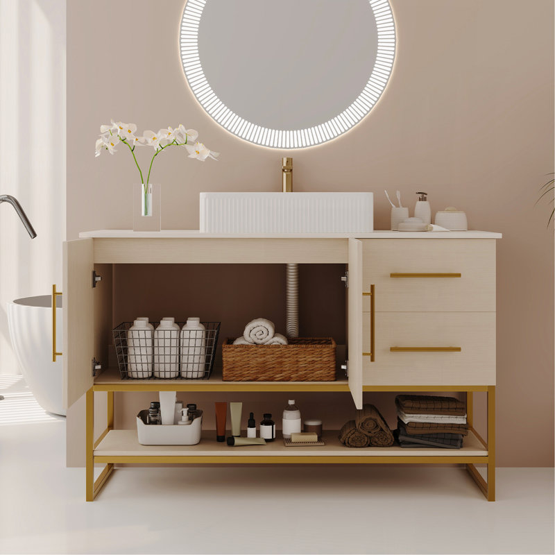 Meuble-lavabo moderne 47,2 po avec lavabo vasque en céramique, armoire autoportante dorée