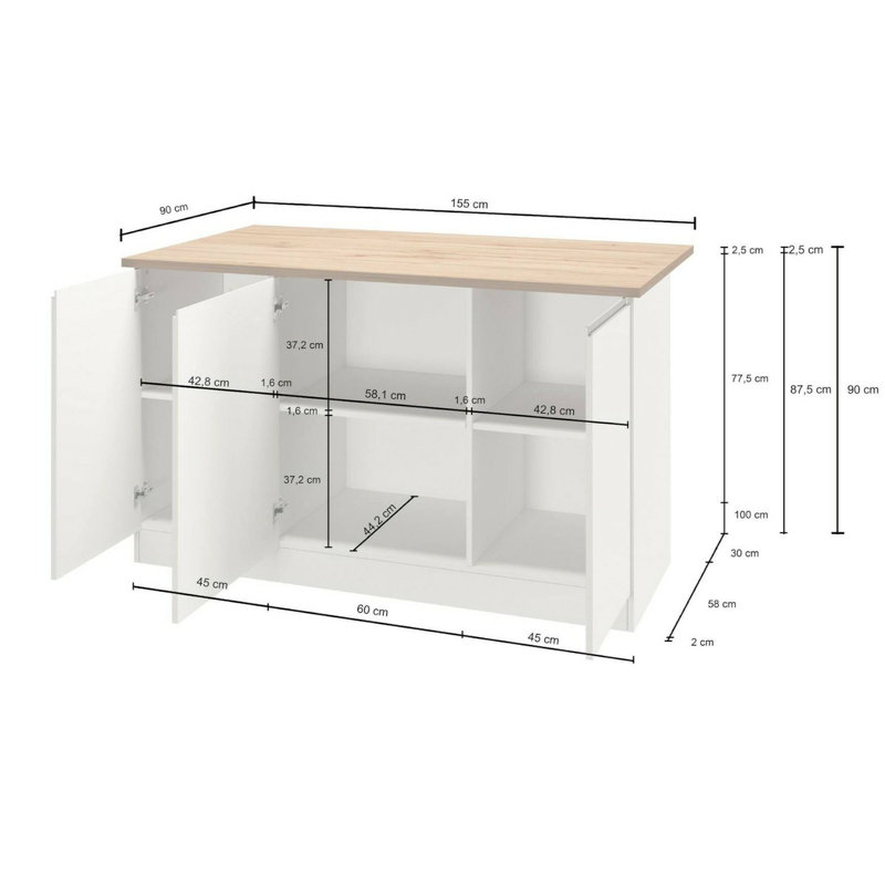 Nalya Wood Kitchen Island, Glossy White/Oak