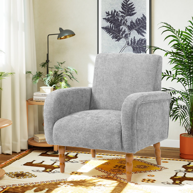 Upholstered Accent Armchair with Turned Solid Wood Legs, Grey