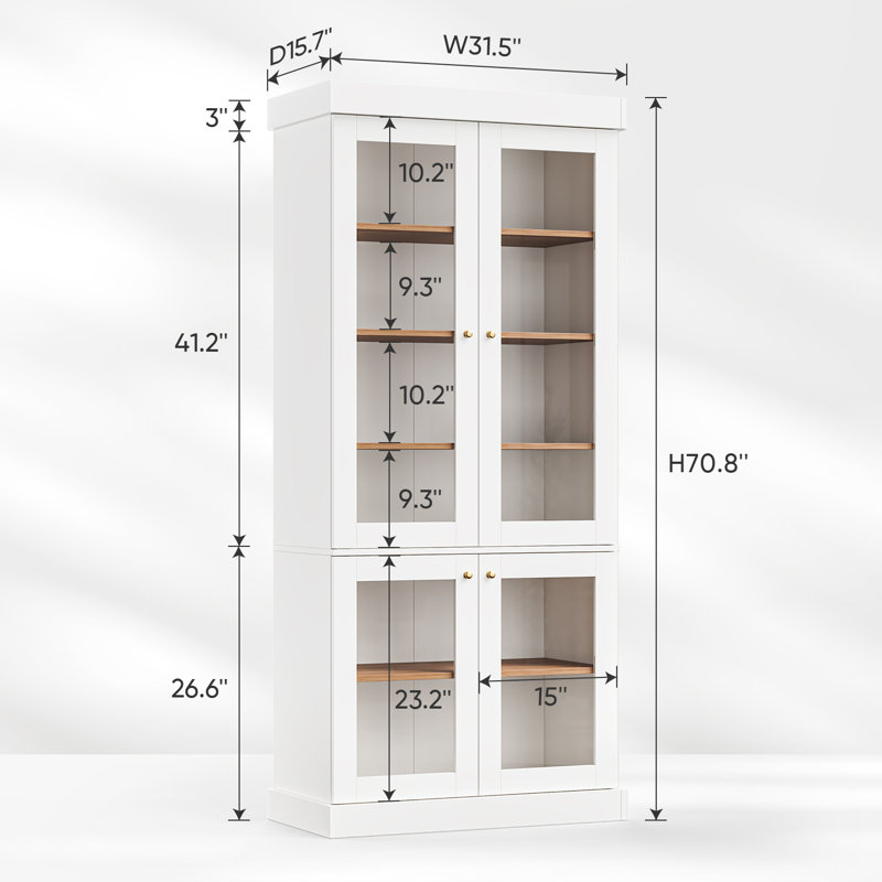 71”Tall Kitchen Pantry Cabinet Wooden Storage with Food Shelves and Glass Door, 2, White
