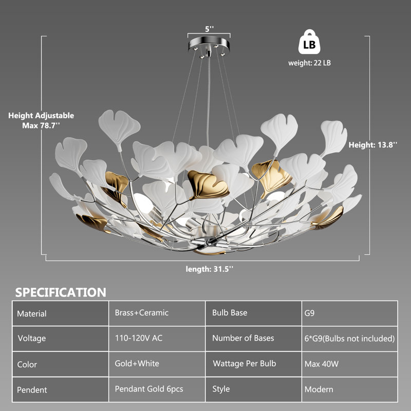 Ceramic Ginkgo Leaf  Kimberland 6 - Light Chandelier L31.5 Inch Branch Chandelier, Silver
