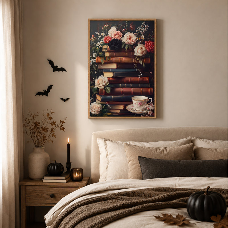 Art rétro sur toile, livres rétro avec roses roses et noires, H 24 po x l 18 po