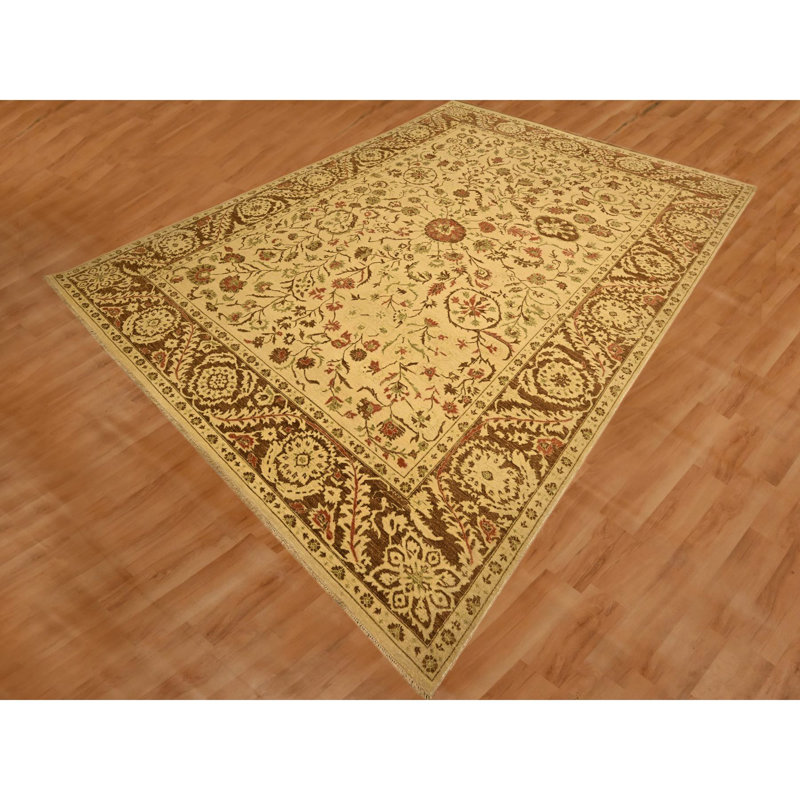 Tapis Biscotti brun 10 pi x 13 pi 10 po, Agra, motif de feuilles, velours zéro, 100% laine, noué à la main, colorants végétaux, tapis oriental