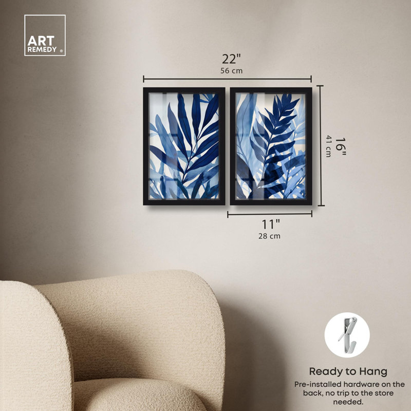 Glamorous Blue Botanical Set Shadowbox Floral Decor by Art Remedy, Black, 16" H x 11" W
