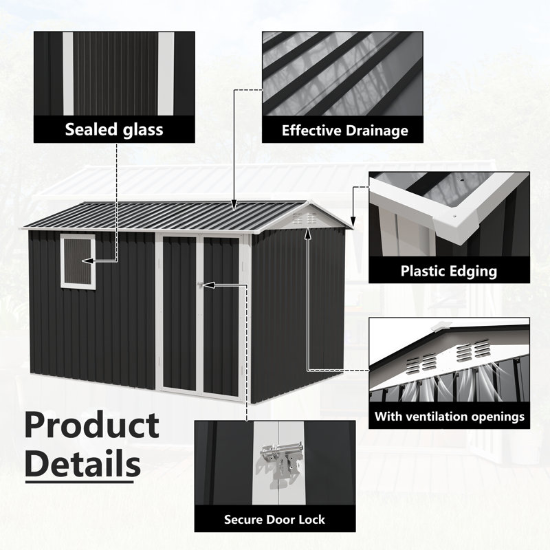 Remise de rangement pour patio en métal 9 * 6 pi, acier galvanisé de couleur, solide et, assez d'espace pour l'équipement de jardin, éclairage de fenêtre de 9,5 x 6,7 pi pour la cour, stable, vélos généreux, translucide